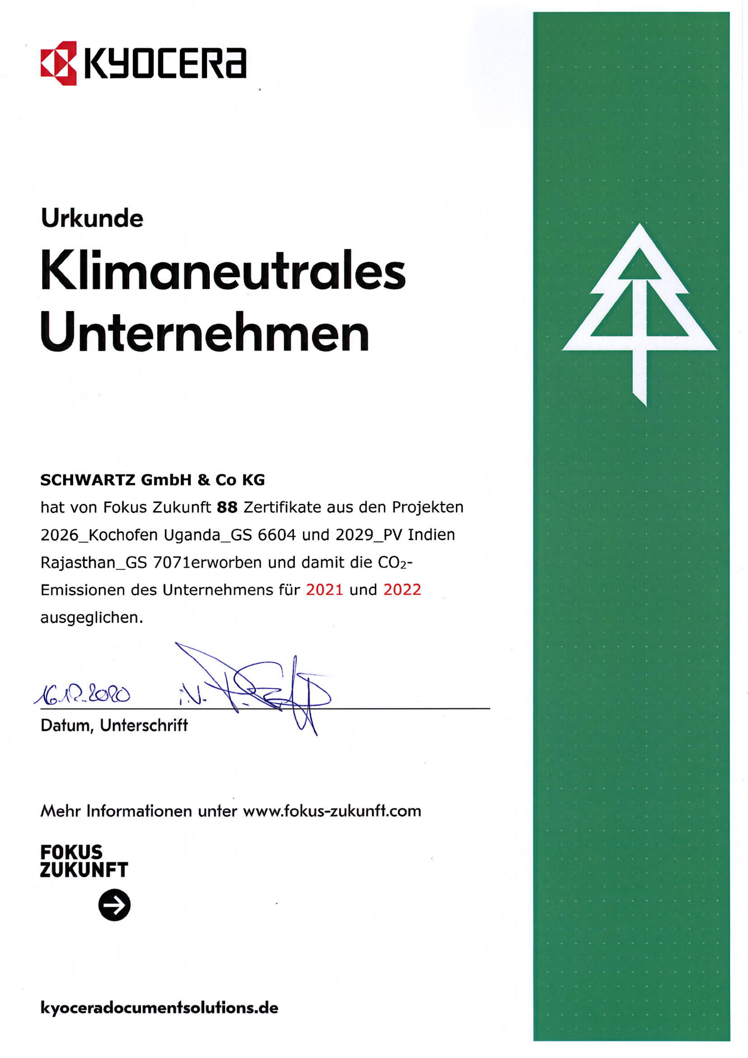 urkunde klimaneutral